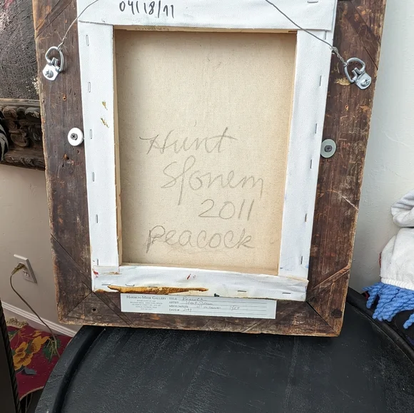 Oil on canvas peacock painting by Hunt Slonem. 11" x 14". Painted 2011. - Picture 2 of 15